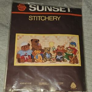 NWT Vintage Sunset Designs Stitchery Cross teddy Bear Baby Room DIY 80s Retro